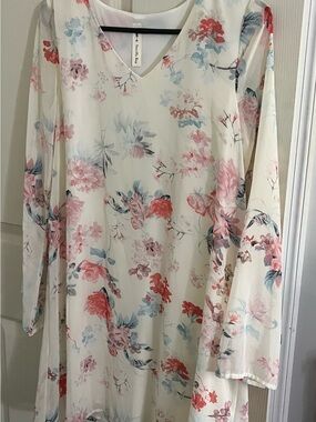 Vanilla Bay Floral Long Sleeve Cream Dress with Pink & Blue Flowers